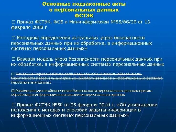 Фстэк оценка угроз безопасности. Подзаконные акты о персональных данных. Приказ ФСТЭК защиты персональных данных. Лекция правовые акты.