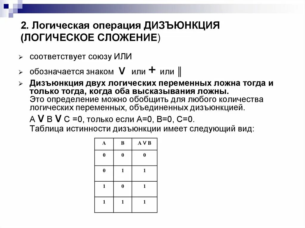 Основа логических операций. Логическая операция дизъюнкция. Логическое сложение или дизъюнкция:. Операция или — логическое сложение (дизъюнкция, объединение). Логическими операция и элементами дизъюнкция.