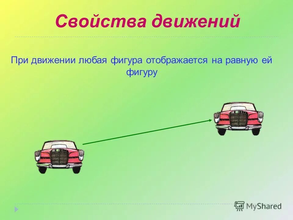 12 любых движения. При движении любая фигура отображается на равную ей фигуру. Свойства движения. Любое движение является наложением. На какую фигуру отобразится при движении прямоугольник.