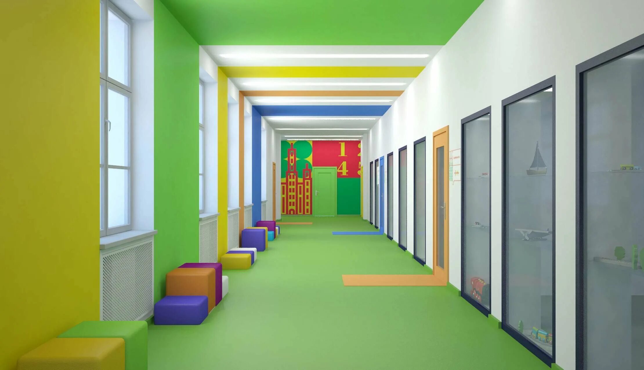 Дол холл. Интерьер коридора в детском саду. Интерьер школьного коридора. Интерьер коридора в школе. Разноцветные стены.