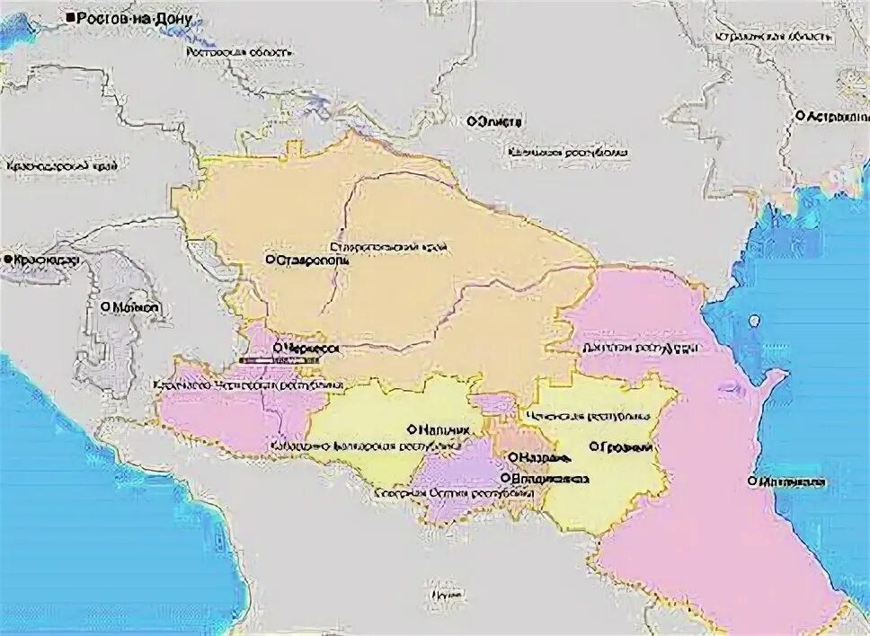 Столица северо кавказского федерального. Карта Северо-Кавказского федерального округа. Северо-кавказский федеральный округ на карте России с городами. Северо-кавказский федеральный округ (СКФО). Сопредельные государства Северо-Кавказского федерального округа.