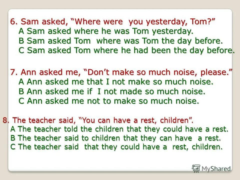 The Day before yesterday reported Speech. Where were you yesterday. I asked where has Tom gone косвенная речь. Sam asked where were yesterday Tom. Tom go to bed said his