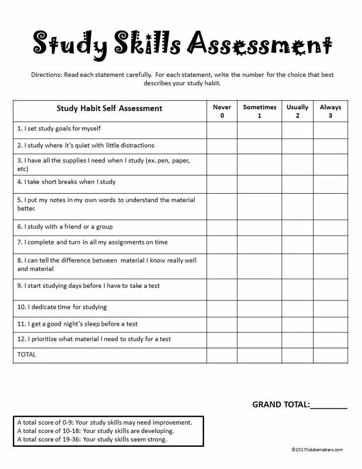 Skills assessment. Study skills worksheet. self-assessment test. self assessment.