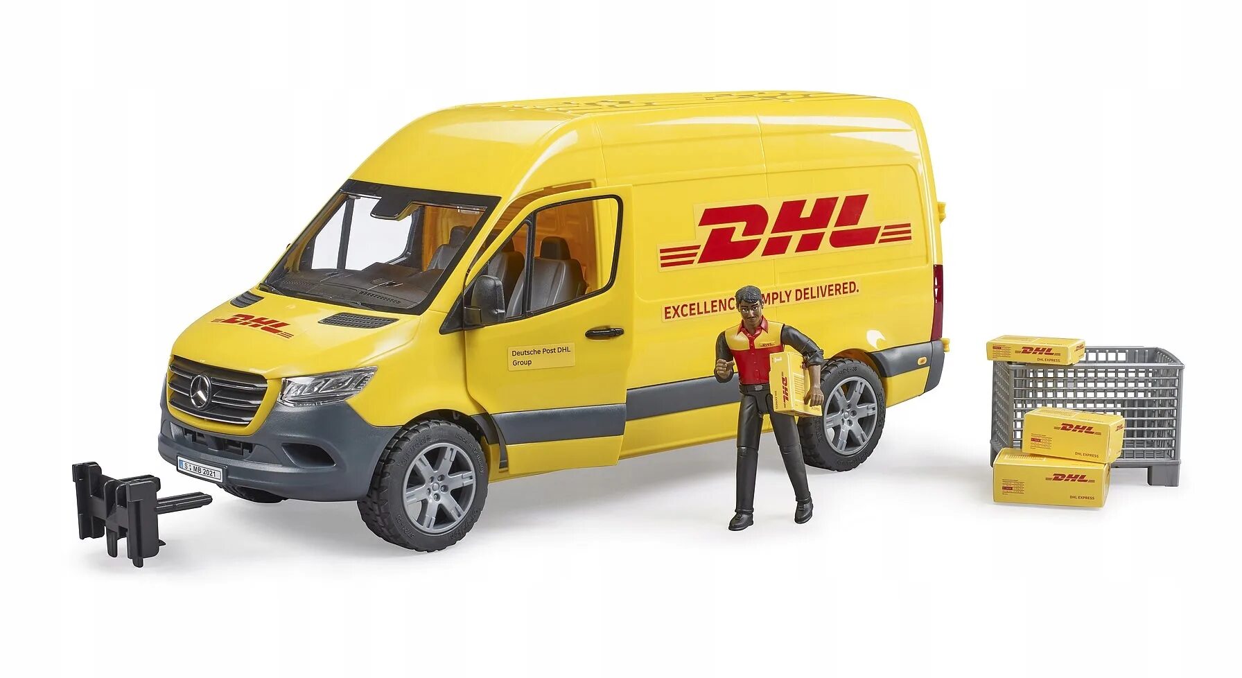 Включи где грузовик. DHL фургон Брудер. Машинки Брудер DHL. Мерседес Спринтер ДЧЛ Брудер. Набор техники Bruder фургон DHL С погрузчиком Mercedes-Benz Sprinter (02-534) 1:16 45.5 см.