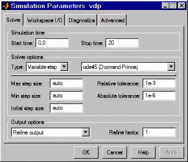 Options parameters. The one simulation parameters. solver.