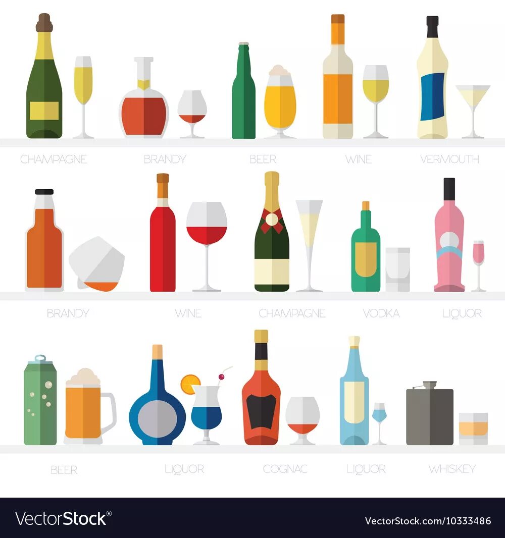 Флэт напиток. Icons of alcohol Bottles Beverages and Glasses.