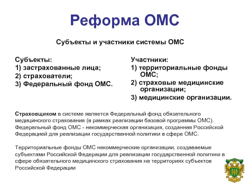 Медицинское страхование в субъектах рф. Реформа ОМС. Субъекты и участники системы ОМС. Концепция реформирования системы медицинского страхования. Застрахованные лица ОМС.