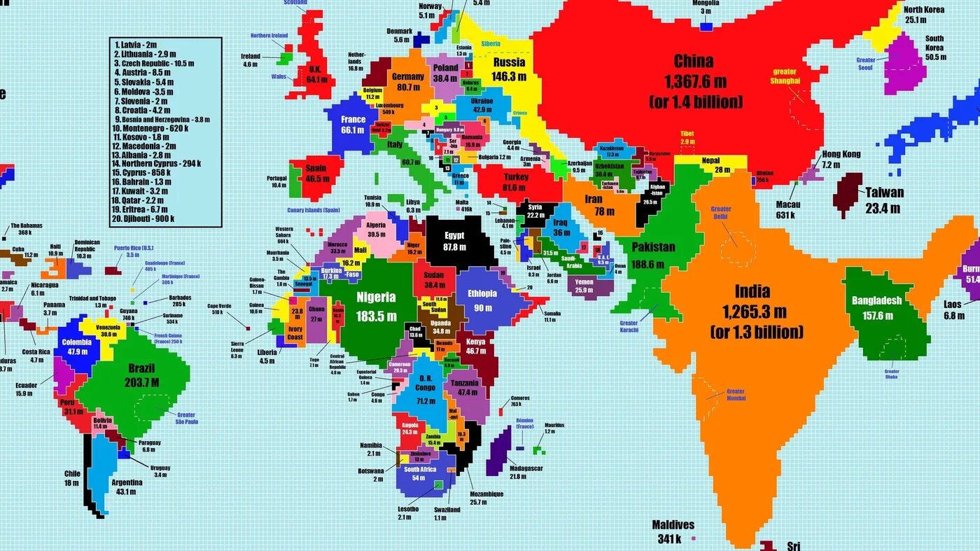 Countries by population. Численность населения стран на карте.