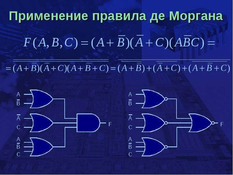 Теорема де Моргана. Схема де Моргана. Правило Моргана. Применение правила де Моргана.