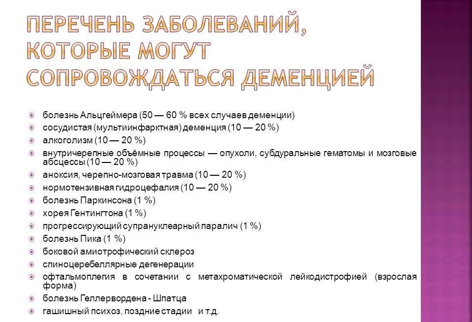 Перечень заболеваний. Заболевания сопровождающиеся деменцией. Патологии список. Мультиинфарктная сосудистая деменция.