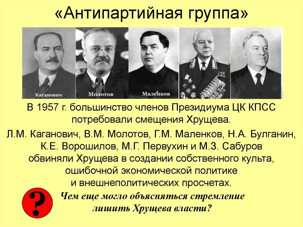 В чем обвинили хрущева. Участники Антипартийной группы против Хрущева 1957. 29 Июня 1957 антипартийная группа. Молотов, Маленков, Каганович. 1957. Схема антипартийная группа 1957 Маленков Каганович.