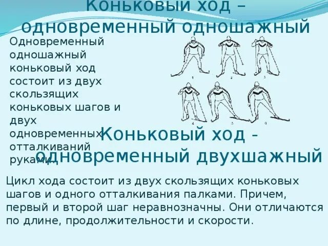 Цикл хода состоит. 2. одновременный одношажный коньковый ход. коньковый ход двухшажный ход. цикл одновременного одношажного конькового хода. одновременный двухшажный коньковый ход.