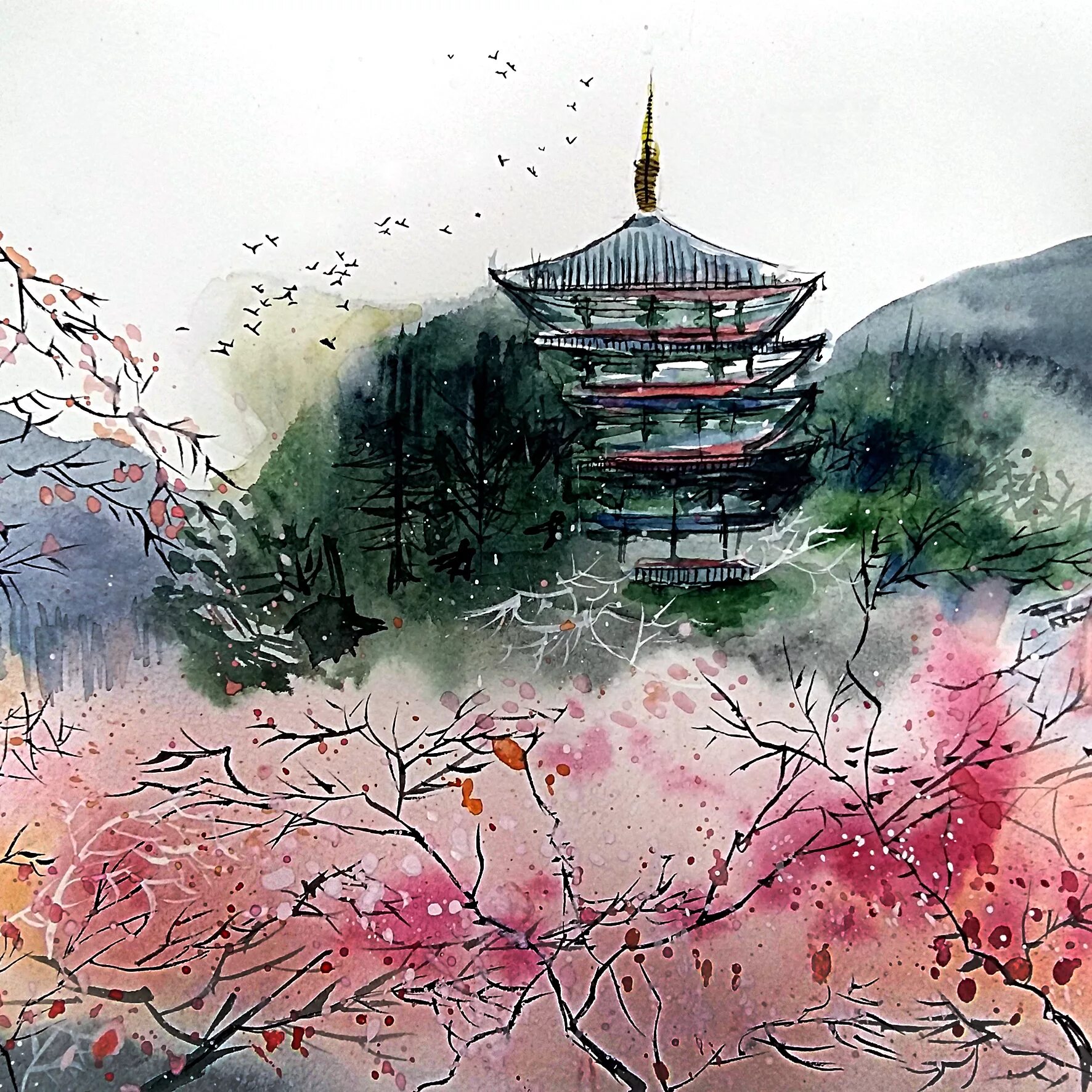 Японский пейзаж Суми э. Китай пагода пейзаж акварель. Китайская пагода живопись в горах. Картины художников акварелистов Китая,Японии,Кореи.