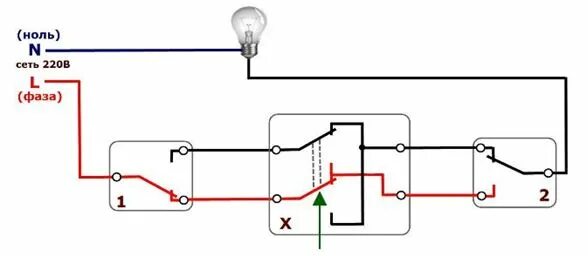 Свет с тремя выключателями. Схема проходных выключателей с 2 лампами. Схема проходного выключателя с 3 мест на 3 лампочки. Схема подключения 3 проходных выключателей на 3 лампы. Двухклавишный перекрестный выключатель с 3 х мест схема подключения.