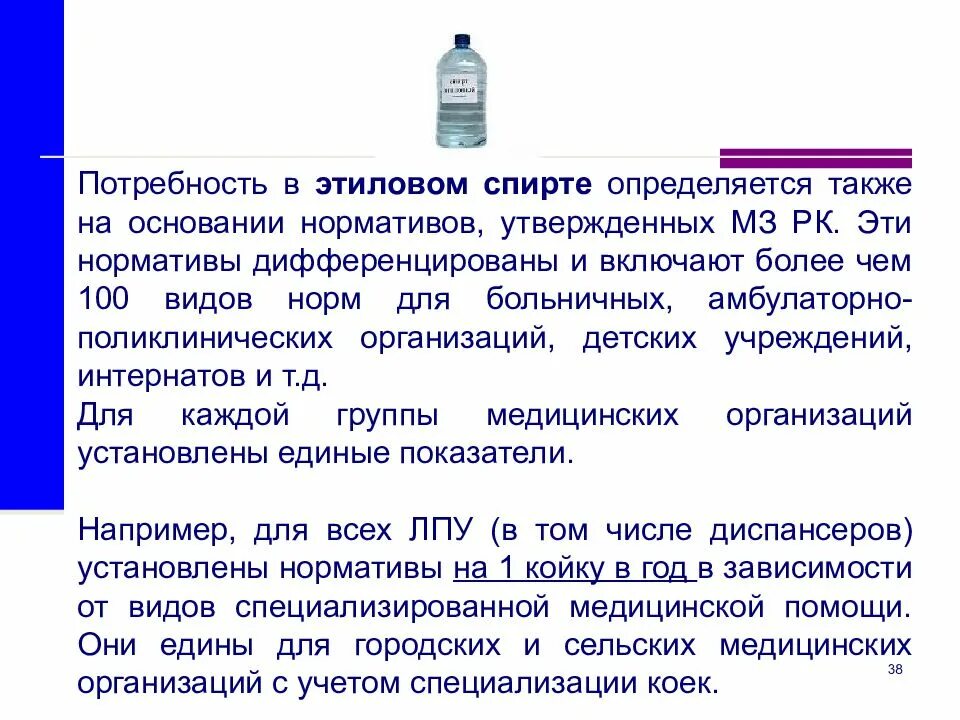 Потребности в аптеке. Учет этилового спирта в медицинских учреждениях. Потребление этилового спирта для учреждений здравоохранения