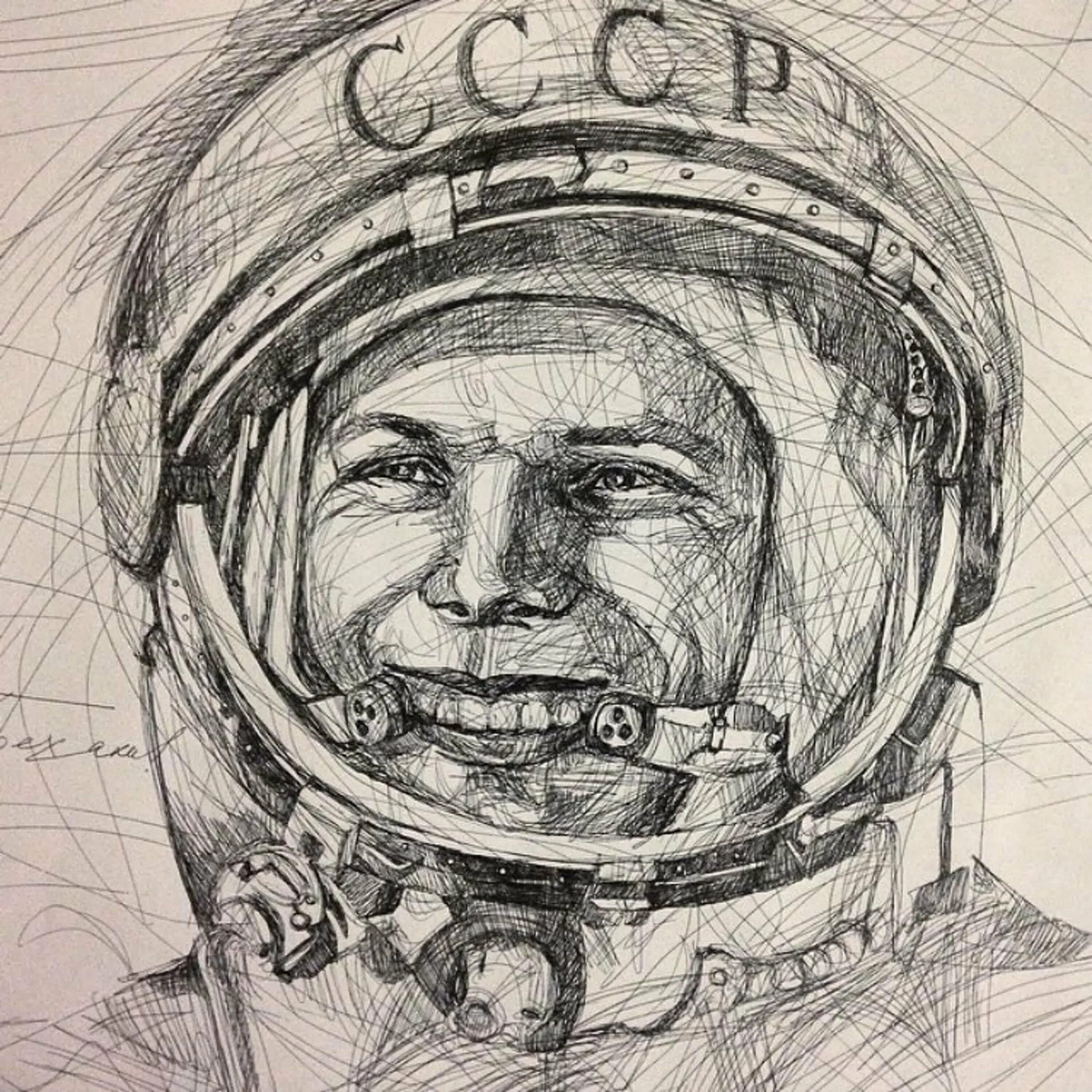 Портрет Юрия Гагарина в скафандре.