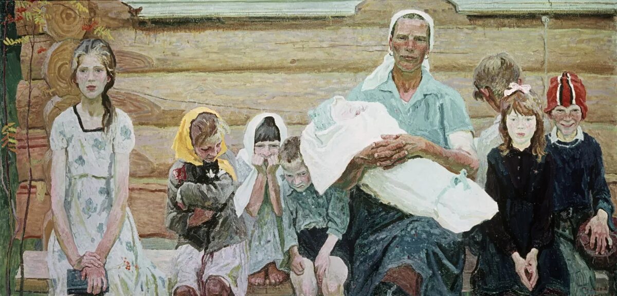 Семья в русском искусстве. Семья пакетовых ткачевы. мать за столом картина алексея ткачева. многодетная мать живопись. многодетная семья живопись.