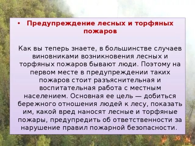 "Профилактика лесных, степных и торфяных пожаров, защита населения". Лесные и торфяные пожары. Профилактика лесных и торфянвз подвров. Профилактика и предубеждение лесных пожаров.