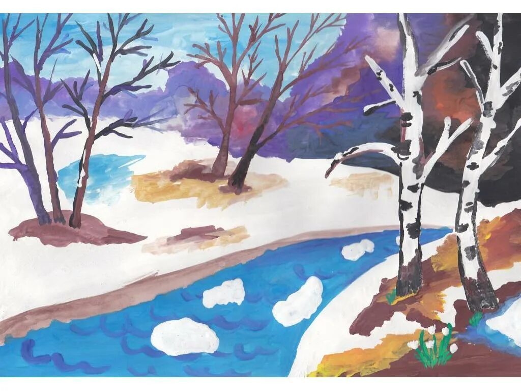 Рисование ледоход на реке в старшей группе Колдина. Рисование весеннего пейзажа. Весенний пейзаж рисунок.