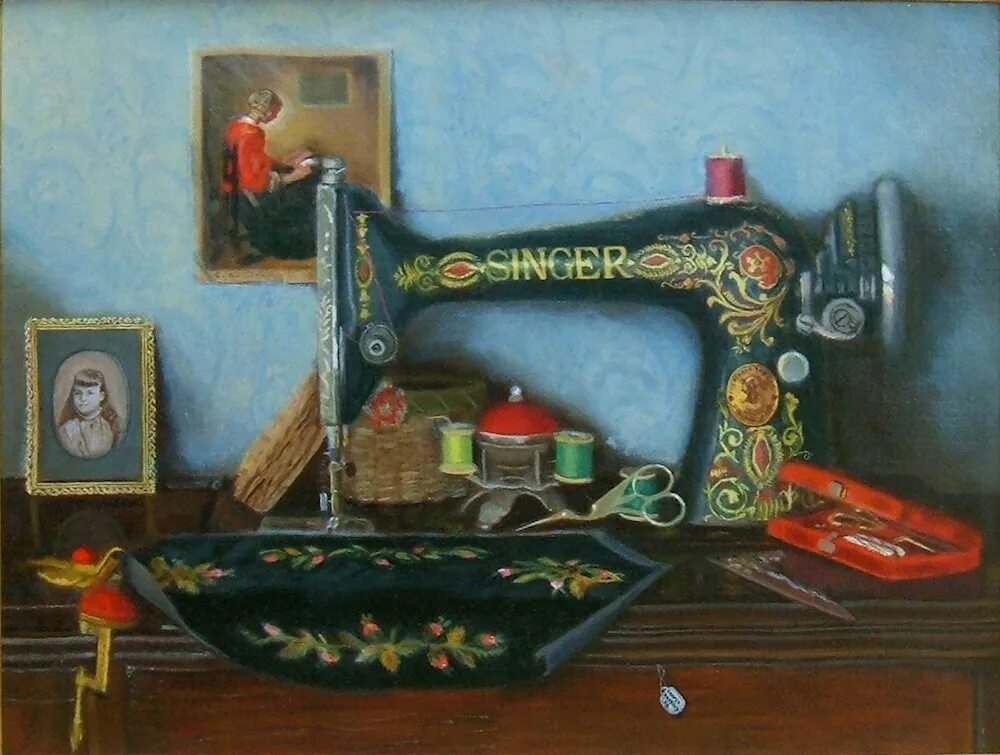 Картина швейной машинки Зингера. Швейная машинка 298 Сингер. Швейная машинка Зингер Белошвейка 19 века. Живопись швейная машинка Зингер. Сон швейная машинка