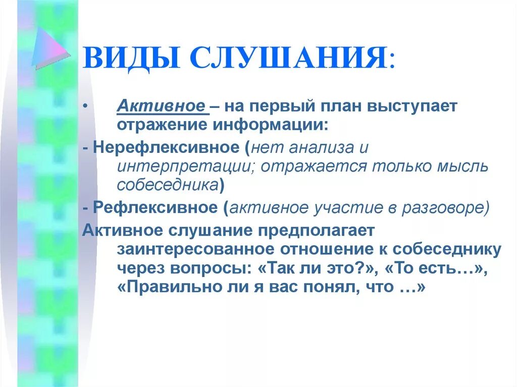 Какие виды слушания. Виды слушания. Виды эффективного слушания. Виды и техника слушания психология. Характеристика видов слушания.