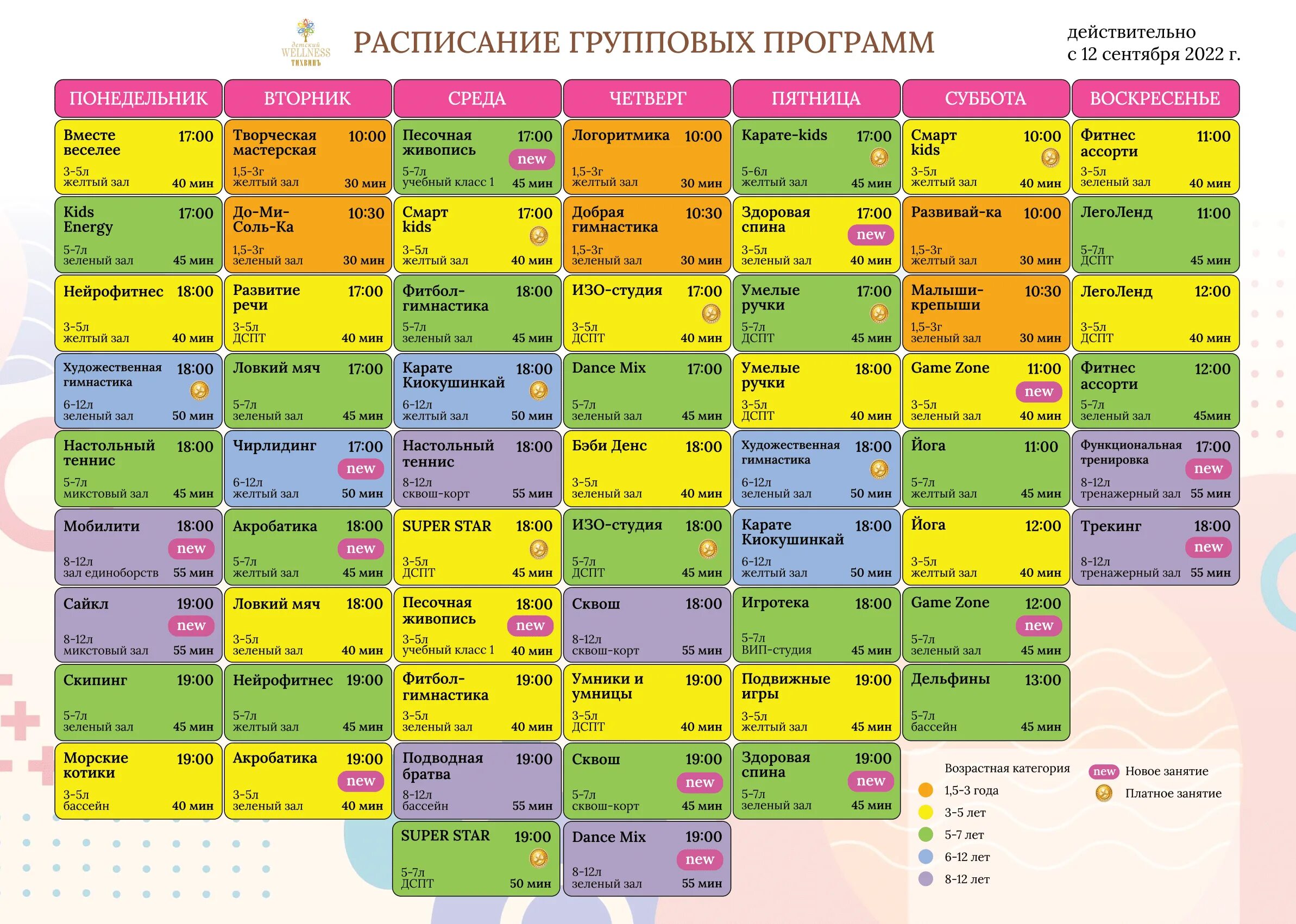 Расписание групповых занятий в детском центре. Расписание групповых направлений. Расписание групповых программ для детей 6-7 английский язык. П новый расписание