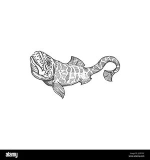 Lyngbakr hafgufa underwater beast fish with jaws isolated monochrome sketch...