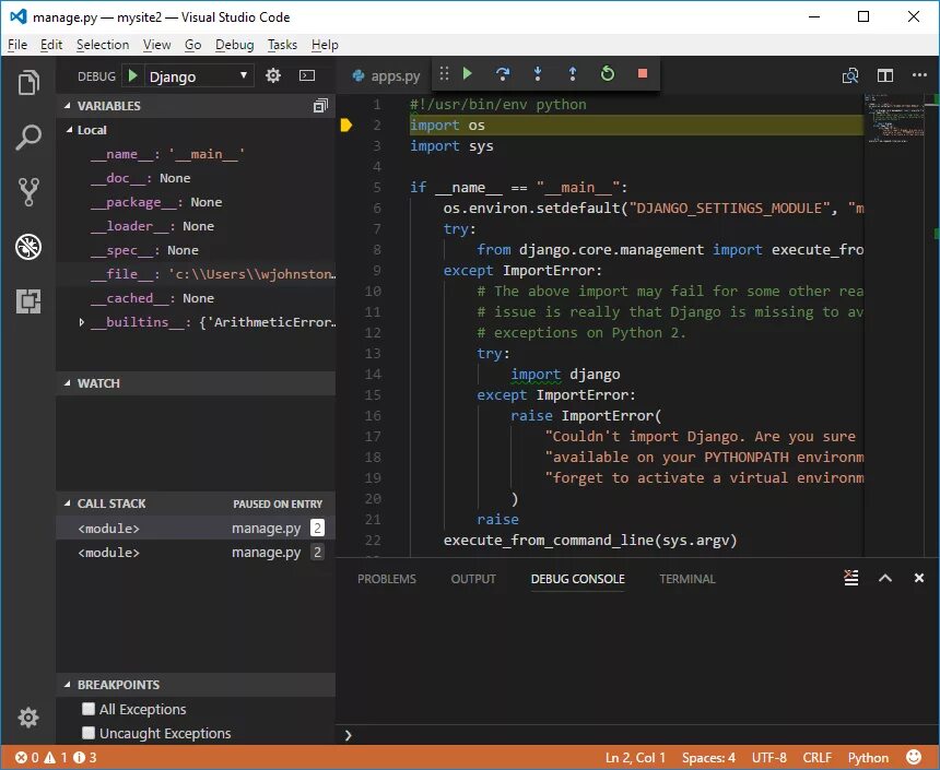 Отладчик Visual Studio. Django код. Django для Visual Studio code. Отладчик vs.