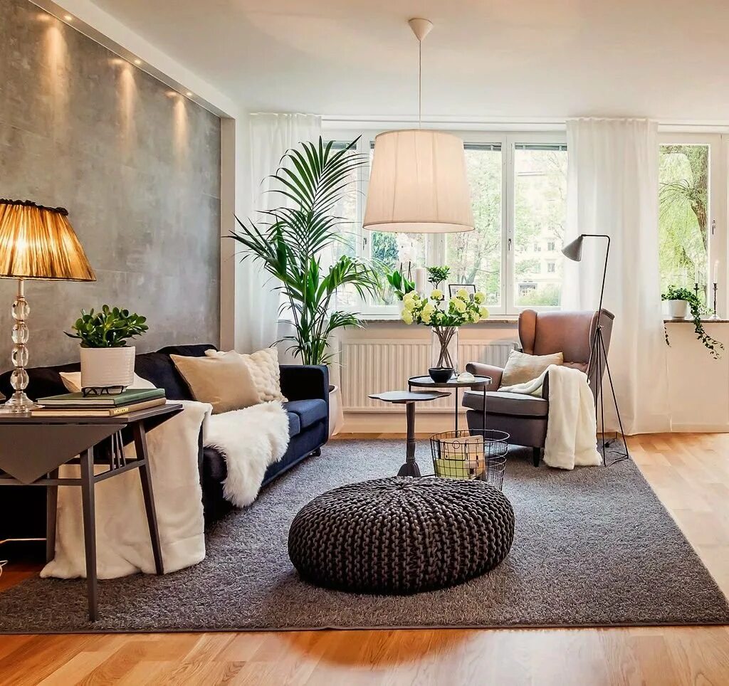 Интерьер гостиной. Современный интерьер. Гостиная с растениями. Уютный современный интерьер. Living interior