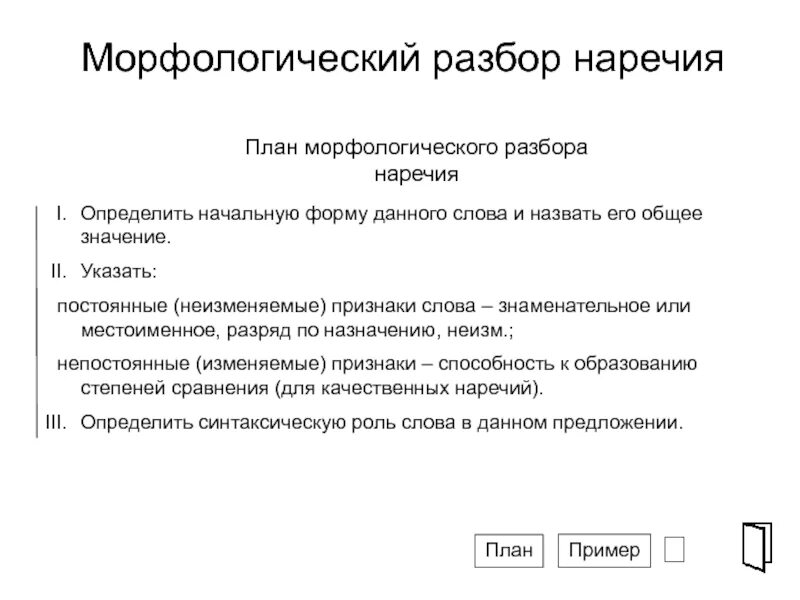 20 морфологических слов. Схема морфологического разбора наречия. Порядок морфологического разбора наречия 7 класс. План морфологического разбора наречия. Морфологический разбор наречия начальная форма.