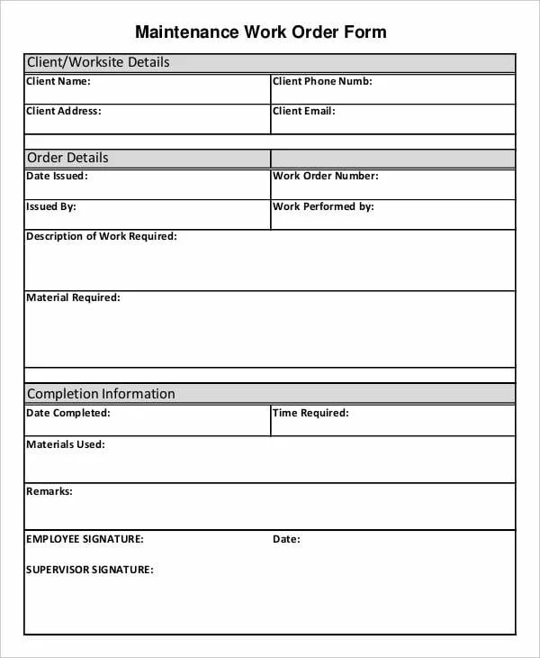 Maintenance form. Form. The work of form. Client form. Order address