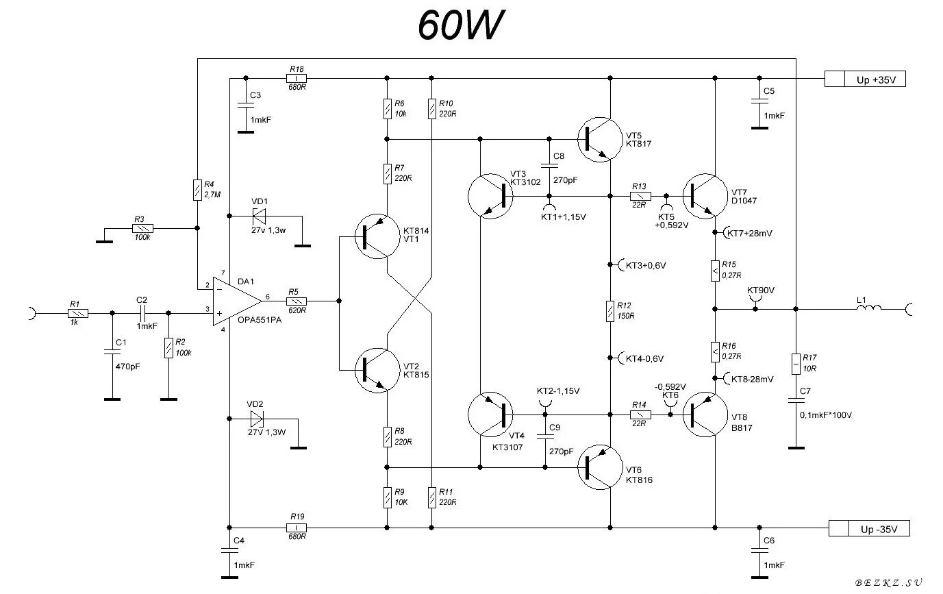 Схема усилителя с двухполярным питанием на транзисторах. Схема усилителя мощности Hi-Fi 100 ватт. Транзисторный усилитель 100вт схема. Схема высококачественного усилителя мощности 100 ватт.