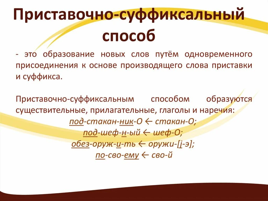 Суффиксальный способ образования слов примеры. Приставочно-суффиксальный способ образования слов. Суффиксальный способ словообразования. Приставочно суффиксальный способ образования примеры.