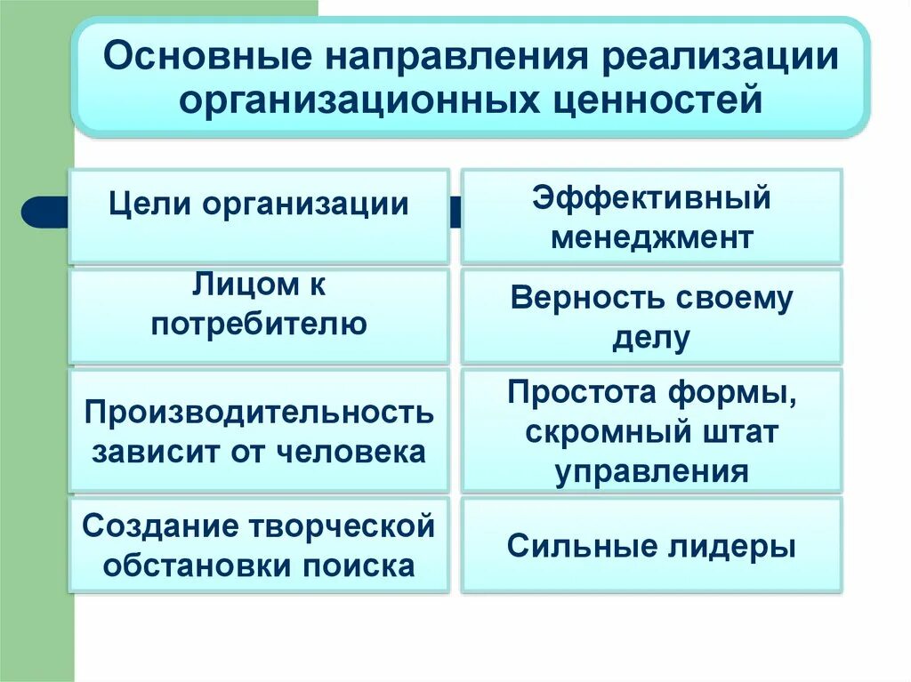 Научное направление реализации. Положительные и отрицательные организационные ценности. Основной организационный ценностью БП.