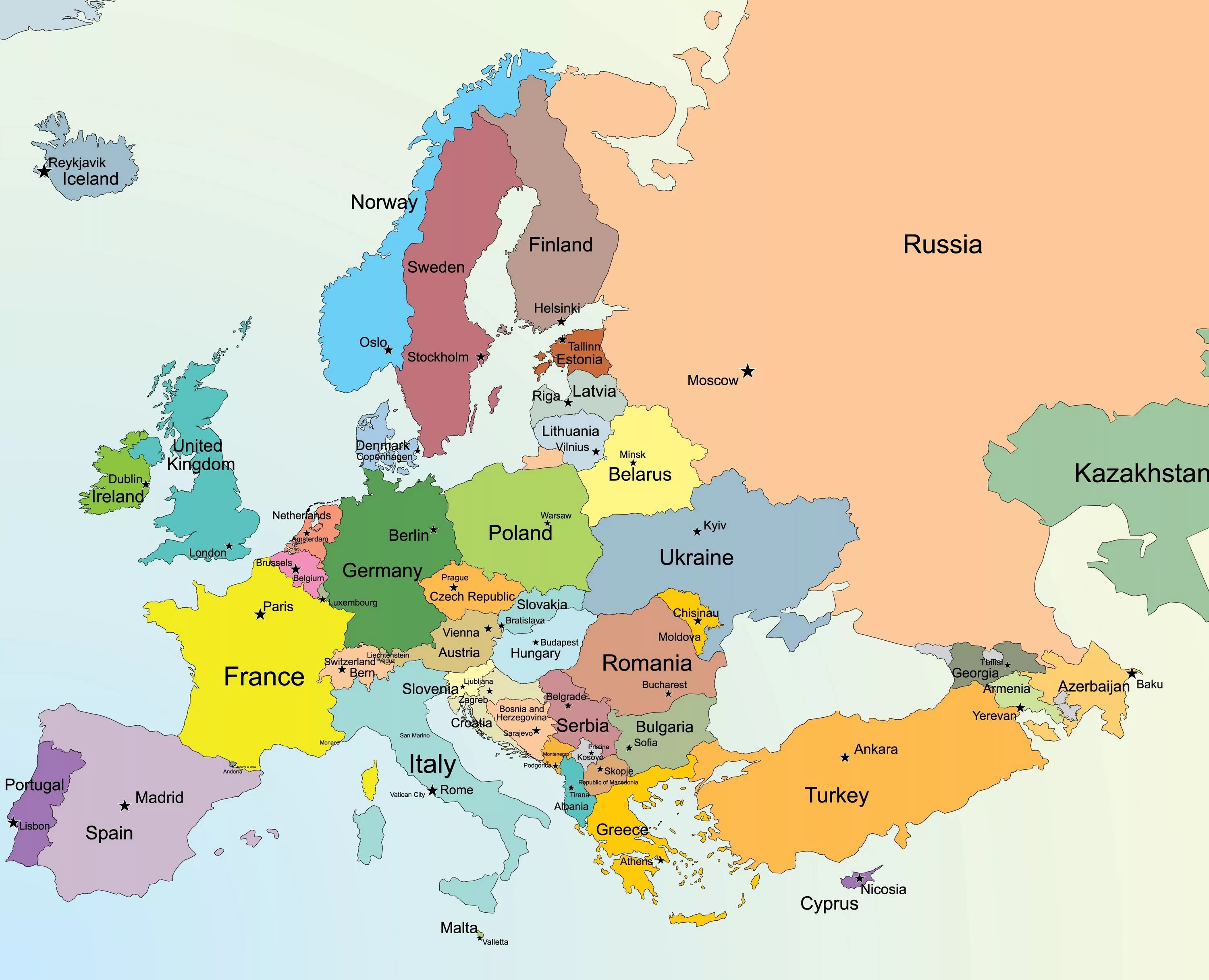Суверенные государства европа. Политическая карта Европы 2023. Политическая карта Европы со странами на английском. Карта Европы со странами крупно на английском со столицами. Карта Европы со странами 2023.