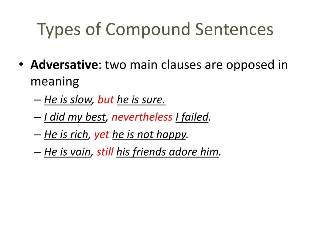 Types of Compound sentences. Adversative Clauses. Types of Compounds. Types of Clauses in English. Slow meaning