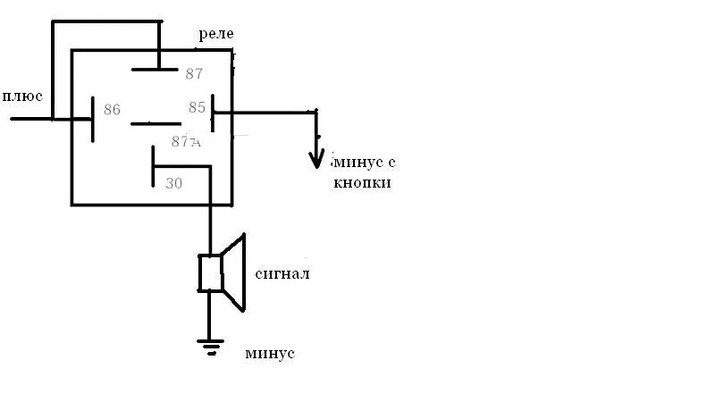 Минус через реле. Схема реле 5 контактное на сигнал. Сигнал через 5 контактное реле. Схема подключения сигналов через реле 5 контактное. Подключение 5 контактного реле на звуковой сигнал.