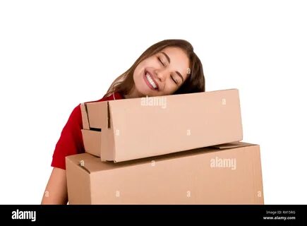 Delivery girl is holding a heap of boxes isolated on white background. 