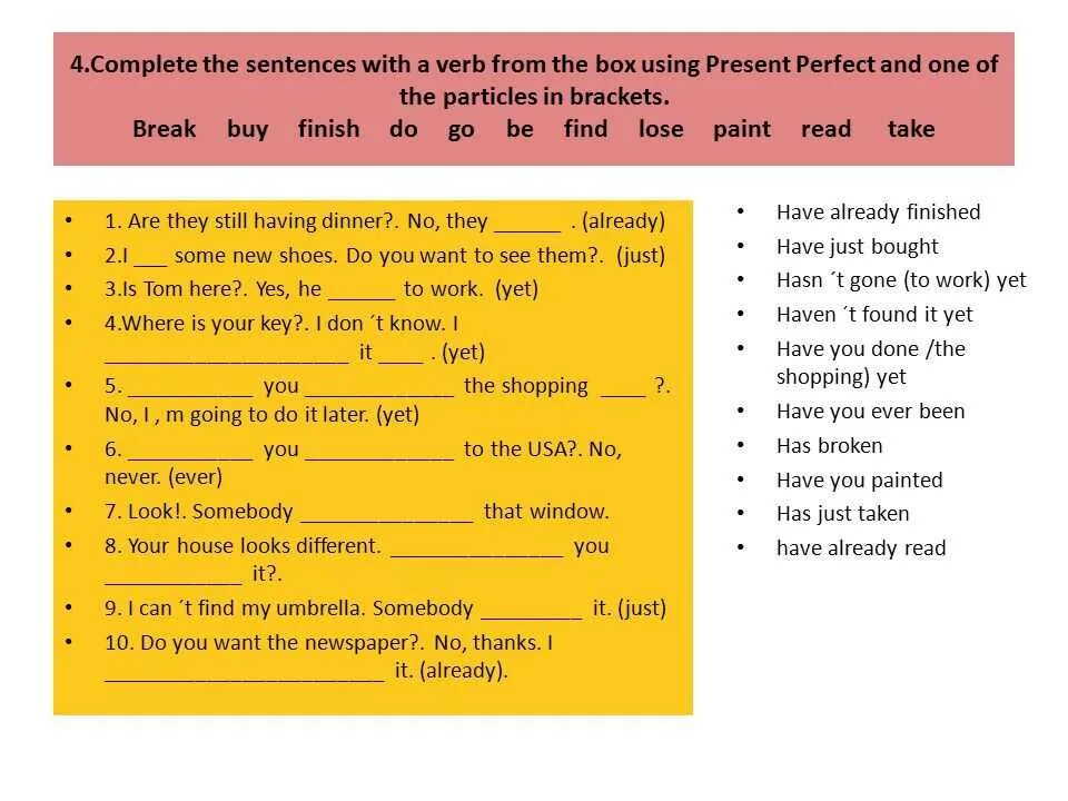 Given the sentences. Задание complete the sentences. Complete the sentences with a verb from the Box. Complete the sentences with the. Complete the sentences with ответы.