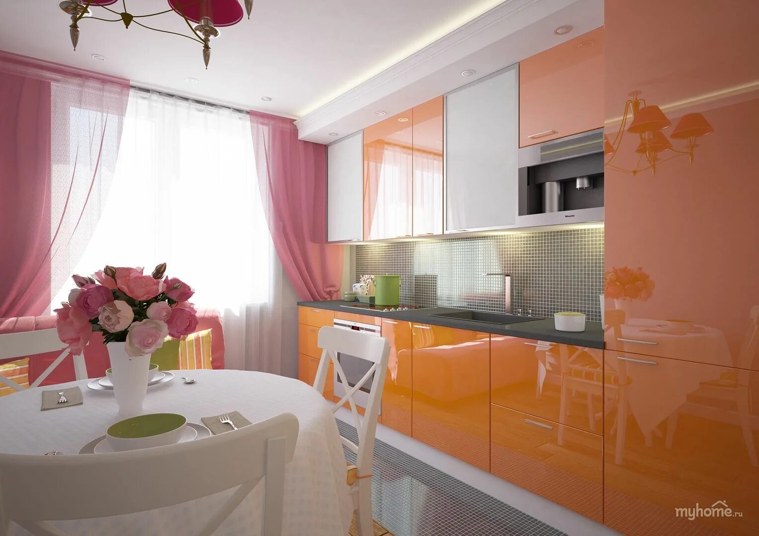 Кухня в персиковых тонах. Кухня в оранжевых тонах. Кухонный гарнитур персикового цвета. Оранжевая кухня в интерьере.