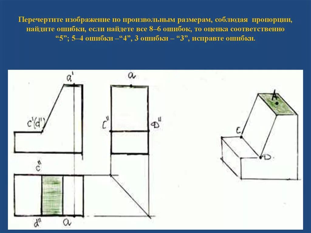 На рисунке 87 а даны наглядное изображение. Предмет в трех проекциях. Построение проекций точек на поверхности предмета. Проекции точек на детали. Проекция вершин ребер и граней предмета черчение.