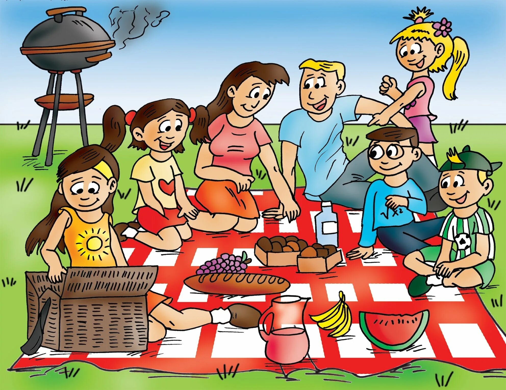 Family description. Семейные традиции рисунок. Мультяшная семья на пикнике. Пикник на природе мультяшные. Природы мультяшная пикник.