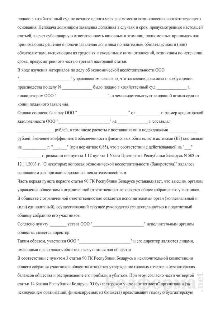 Образец заявления субсидиарную ответственность