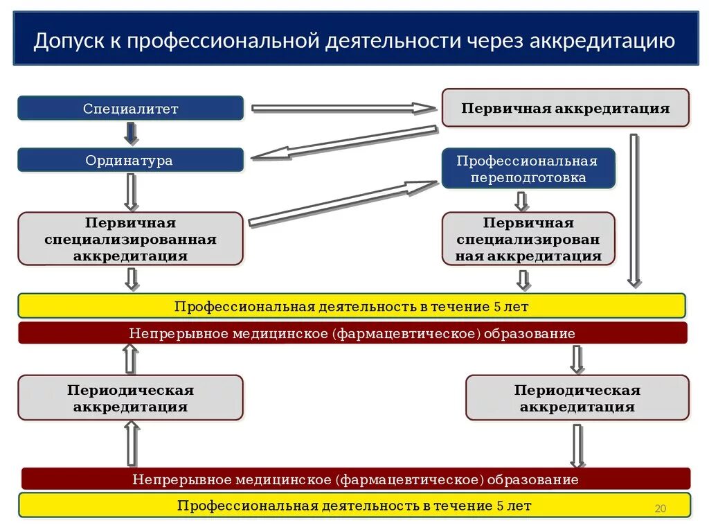 Допуск к профессиональной деятельности. Первичная и первичная специализированная аккредитация. Этапы аккредитации медицинских работников. Непрерывное медицинское образование. Этапы первичной аккредитации