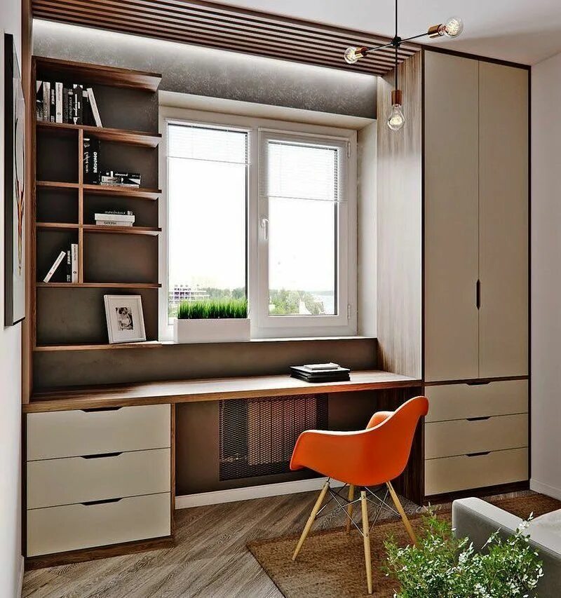 Шкаф у окна со столом. Рабочие зоны на заказ. Рабочее место школьника у окна. Письменный стол у окна со шкафами. Дизайнерский компьютерный стол.