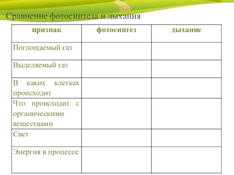 Тест по теме фотосинтез и дыхание растений. Фотосинтез дыхание растений 6 класс биология. Таблица по биологии фотосинтез и дыхание. Таблица дыхание растений биология 6. Сравнение процессов фотосинтеза и дыхания.