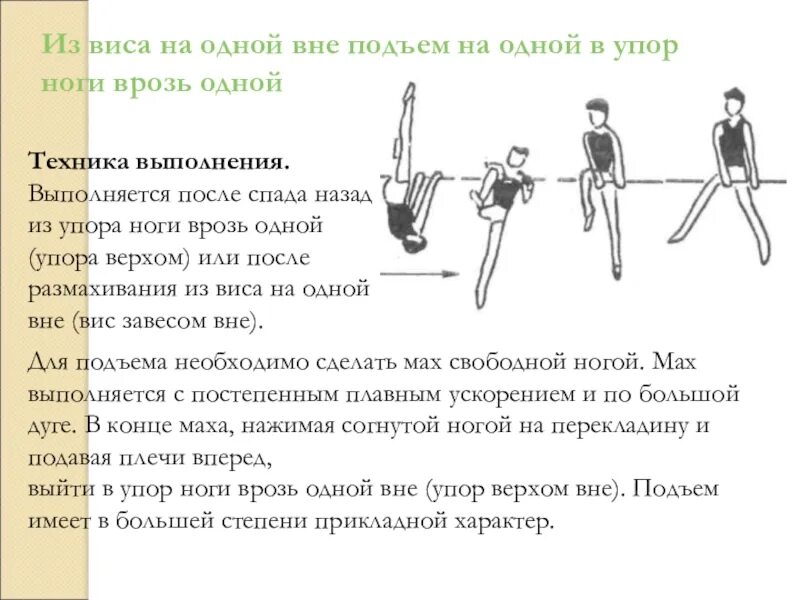 Слова упор. Из виса на одной (виса завесом) подъем в упор ноги врозь (упор верхом). Спад - подъем из упора ноги врозь.. Упор ноги врозь на перекладине. ВИС на одной техника выполнения.