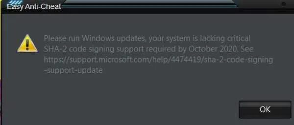 Easy Anti-Cheat ошибка запуска. Easy Anti Cheat требует обновить виндовс. 4474419 ИЗИ анти чит. Please Run Windows updates.your System is lacking critical sha2 code signing support required. Anti cheat не дает запустить игру