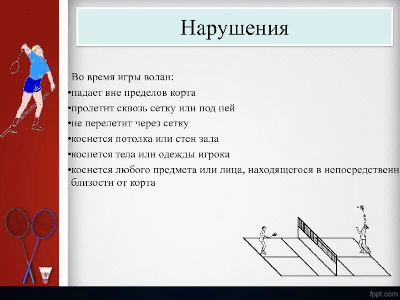 Игра с воланом 9 букв. Бадминтон нарушения. Бадминтон презентация. Игра в бадминтон через сетку. Нарушения в бадминтоне кратко.