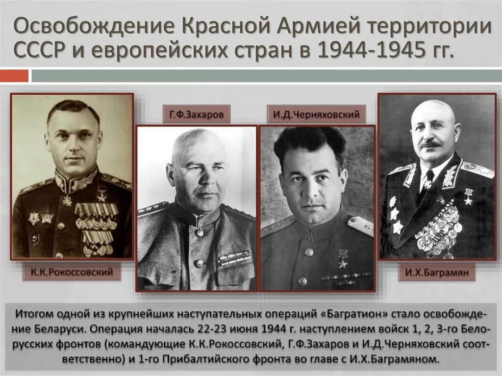 Кто командовал 2 украинским фронтом. Операция Багратион военноначальники. Операция Багратион командующие. Операция Багратион командующие фронтами. Освобождение Белоруссии ВОВ командующие.